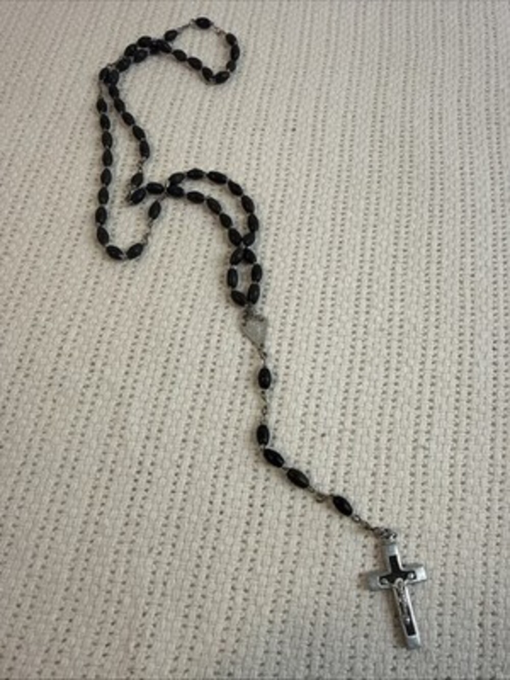 Mid-Century Black Beaded Silver Cross Rosary Crucifix Made In France 20”